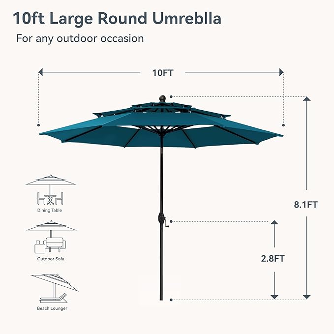 PHI VILLA 10ft Outdoor Patio Umbrellas for Outside, 3 Tier Vented Market Table Umbrella Windproof for Backyard, Deck, Garden, 1.5" Pole, Cyan（No Base）