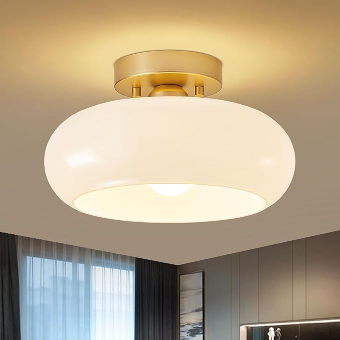 Mid-Century Modern Gold Semi Flush Mount Ceiling Light, Kitchen Ceiling Light Fixture with Glass Shade, Vintage White Close to Ceiling Lamp for Entryway Hallway Bathroom (11.0 Inch)