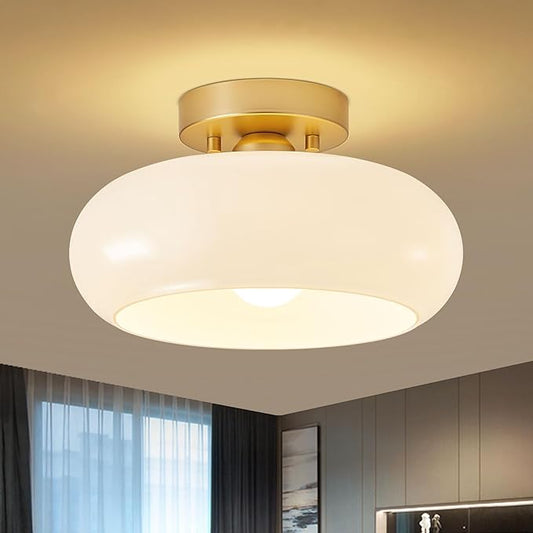 Mid-Century Modern Gold Semi Flush Mount Ceiling Light, Kitchen Ceiling Light Fixture with Glass Shade, Vintage White Close to Ceiling Lamp for Entryway Hallway Bathroom (11.0 Inch)