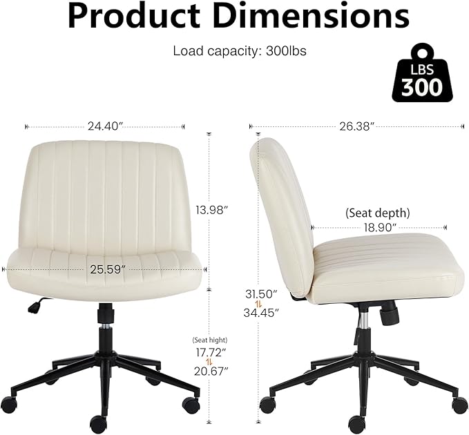 DUMOS Criss Cross Chair with Wheels, Wide Cross Legged Desk Vanity Chairs, Faux Leather Armless Adjustable Swivel Chairs for Home Computer Task, Beige