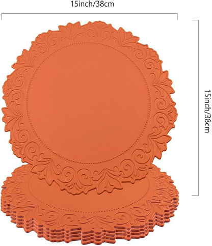 Noctiflorous Round Faux Leather 15 Inch Placemats Set of 4 Waterproof Wipeable Heat Resistant Tablemat for Dining Table Kitchen Non Slip Washable Oilproof Table Place Mat(Pumpkin Orange, 4)