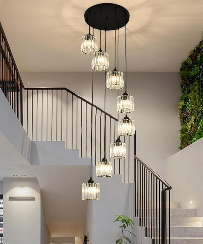 Long Chandeliers for High Ceilings,Modern Crystal Pendant Light,Raindrop Drop Lamp,Hanging Lighting Fixtures for Spiral Staircase,Foyer,Entryway,Living Room,Black (8 Lights)
