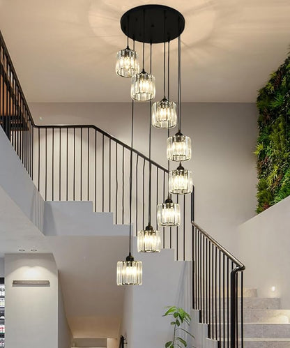 Long Chandeliers for High Ceilings,Modern Crystal Pendant Light,Raindrop Drop Lamp,Hanging Lighting Fixtures for Spiral Staircase,Foyer,Entryway,Living Room,Black (8 Lights)