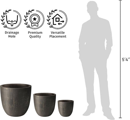 Kante 18",14",10" Dia Concrete Round Planters (Set of 3), Outdoor Indoor Large Planter Pots with Drainage Hole and Rubber Plug for Home Patio Garden, Oil Rubbed Bronze
