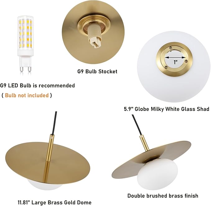 Modern Globe Pendant Lighting Set of Two Milky White Glass Shade Brass Gold Farmhouse Pendant Light 11.81" Dome Industrial Hanging Ceiling Light Fixture Kitchen Island Dinning Room Bedroom