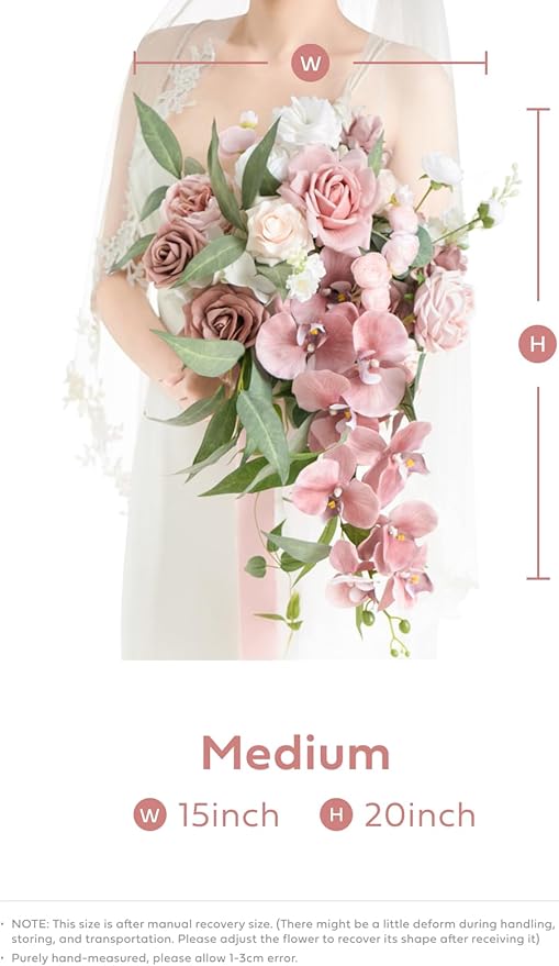 Ling's moment Dusty Rose Bridal Bouquet Cascading, Pink Wedding Bouquets for Bride, 15 Inch Bride Bouquet Orchids Artificial Wedding Flower Bouquet