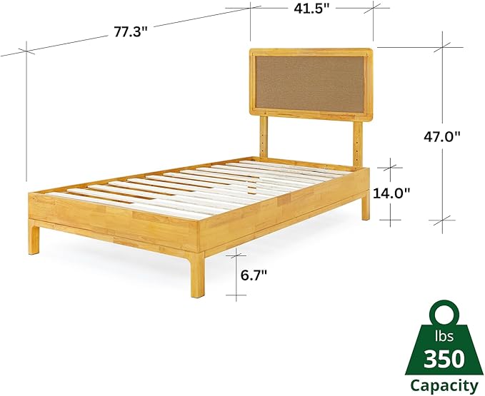 Bme Nipe 14 Inch Bohemian Bed Frame with Adjustable Woven Headboard - Rustic & Vintage Unique Style with Acacia Wood - No Box Spring Needed - Easy Assembly - Twin, Natural
