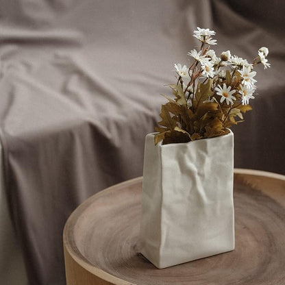 WENSHUO Crinkle Paper Bag Shape Ceramic Flower Vase, Large Capacity for Flower Arrangement, Bookshelf Decorative (Matte Crème)