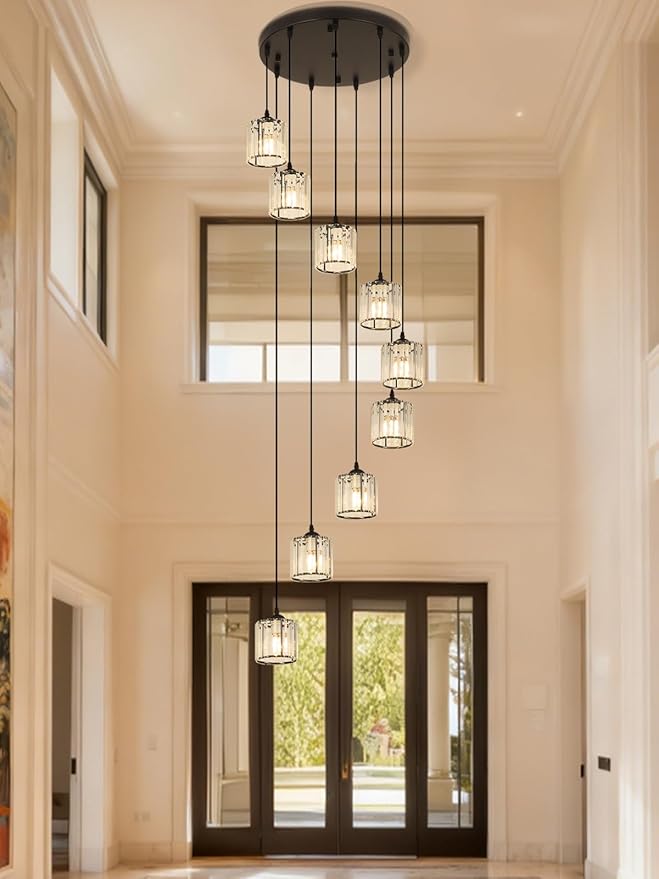 Long Chandeliers for High Ceilings,Modern Crystal Pendant Light,Raindrop Drop Lamp,Hanging Lighting Fixtures for Spiral Staircase,Foyer,Entryway,Living Room,Black (8 Lights)