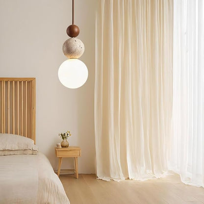 Stylish Modern Pendant Light with Stone and Wood, Unique Two-Ball Design Ceiling Lamp, Perfect for Dining Room, Kitchen Island, Living Room, Bedroom Decor, Elegant Home Lighting(Brown)