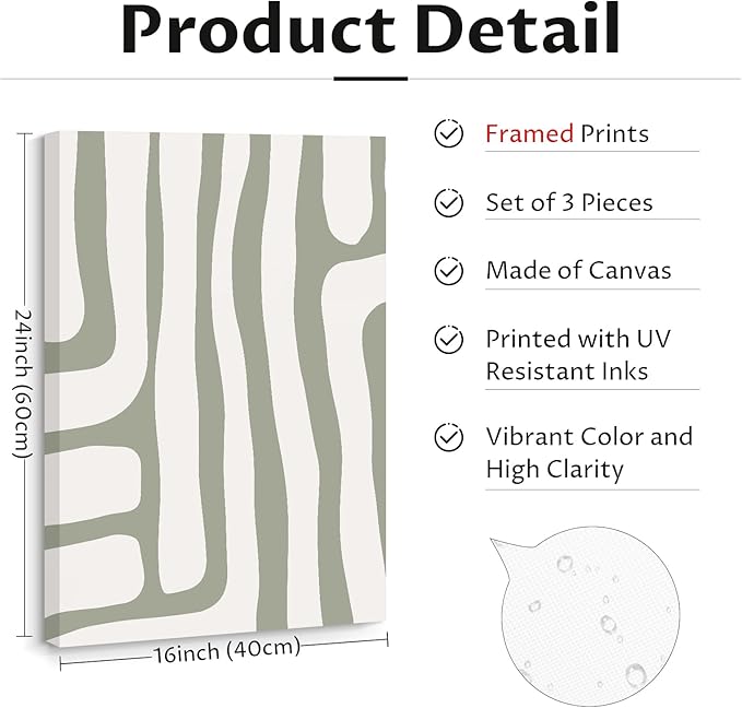 Minimalist Neutral Wall Art Decor Sage Green Boho Canvas Poster Abstract Modern Painting Wall Art Mid Century Beige Pictures Prints Gallery Line Wall Art for Bedroom 16x24 Inch Wrapped Canvas Set of 3