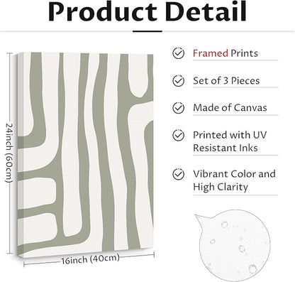 Minimalist Neutral Wall Art Decor Sage Green Boho Canvas Poster Abstract Modern Painting Wall Art Mid Century Beige Pictures Prints Gallery Line Wall Art for Bedroom 16x24 Inch Wrapped Canvas Set of 3