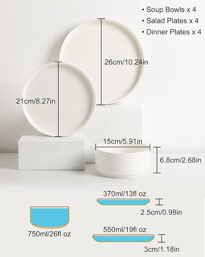 Sweejar Porcelain Dinnerware Sets for 4, 12 Pieces Ceramic Plates and Bowls Set, Classic Modern Simple Kitchen Dinner Dining Ware Set, Dishwasher and Microwave Safe Dishes Sets(Pure White)