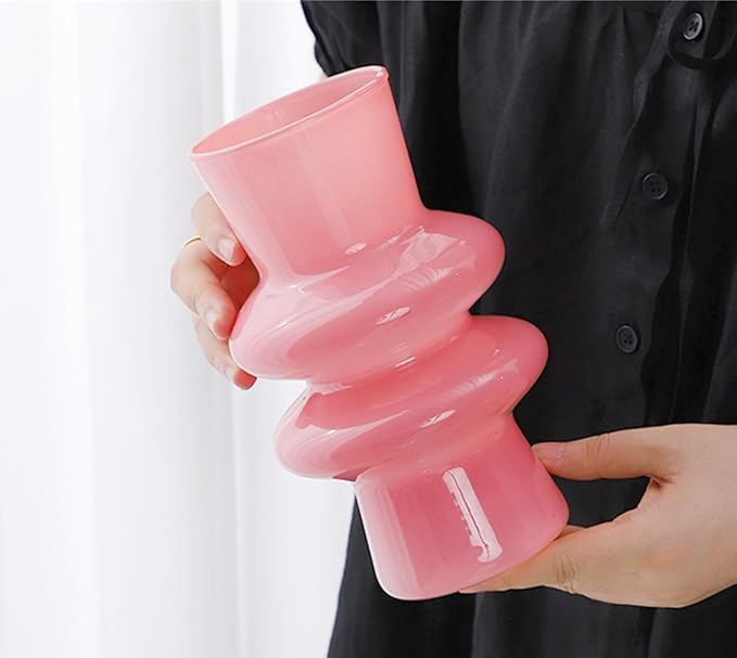 JSPYFITS Modern Glass Vases, 7.87" Tall Four-Layer Book Vase Bubble Flower Vases Decorative for Home Décor, Decorative Pink Glass Table Vase for Wedding Housewarming Gift