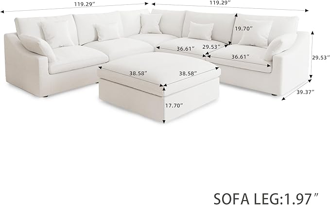 Modular Sectional Sofa Couch, 119.29" V Shaped Modular Couch with Storage Ottoman, Down Filled Convertible Sofa for Living Room, 6 Seat Wide Couches,Cushion Covers Removable,White