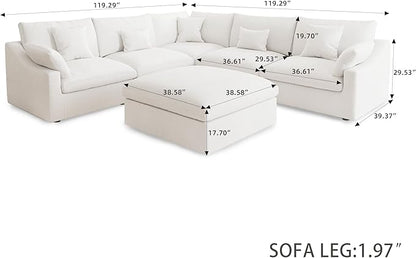 Modular Sectional Sofa Couch, 119.29" V Shaped Modular Couch with Storage Ottoman, Down Filled Convertible Sofa for Living Room, 6 Seat Wide Couches,Cushion Covers Removable,White