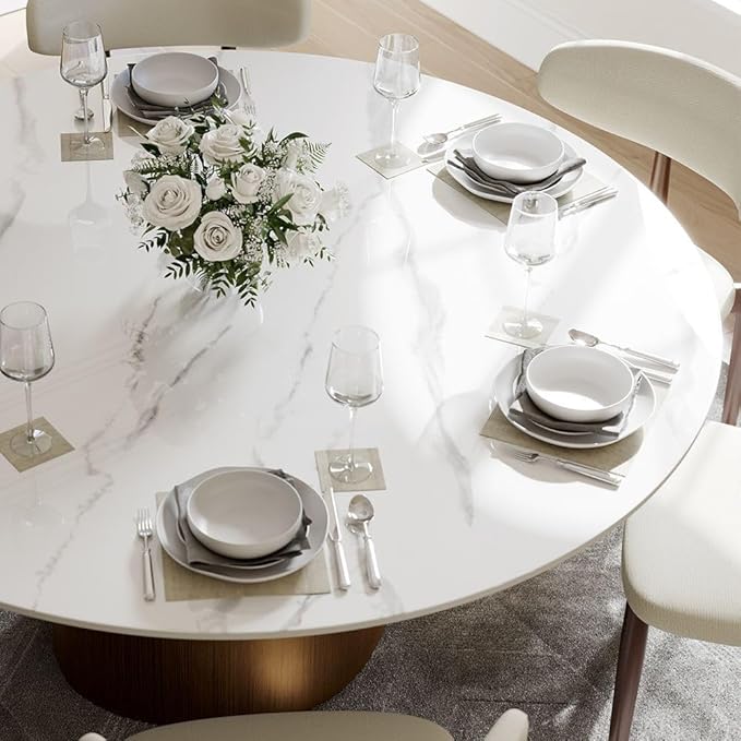 POVISON Round Dining Table for 4-6, 60" Glossy White Sintered Stone Tabletop with Bronze Carbon Steel Pedestal
