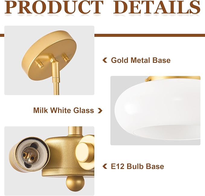 Mid-Century Modern Gold Semi Flush Mount Ceiling Light, 3-Light Kitchen Light Fixtures with Glass Shade for Entryway Hallway Bathroom Bedroom (12.6 Inch)