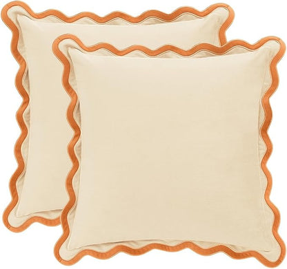 MONDAY MOOSE Decorative Throw Pillow Covers Cushion Cases, Set of 2 Soft Velvet Scalloped Wavy Edge Designs, Mix and Match for Home Decor, Pillow Inserts Not Included (Honey/Cream, 16x16 inch)