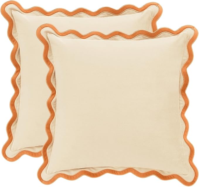 MONDAY MOOSE Decorative Throw Pillow Covers Cushion Cases, Set of 2 Soft Velvet Scalloped Wavy Edge Designs, Mix and Match for Home Decor, Pillow Inserts Not Included (Honey/Cream, 18x18 inch)