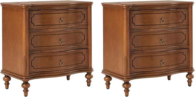 HULALA HOME Wood Nightstands Set of 2 with Charging Station for Bedroom, 3 Drawers Traditional Nightstands, Side Table with Solid Wood Legs, USB Ports & Three-Prong Plugs, Walnut