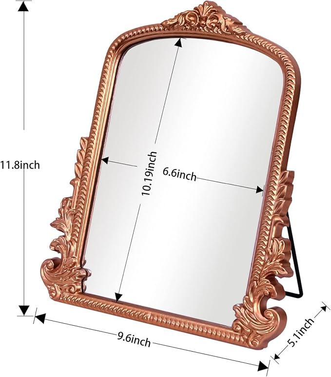 Rose Gold Makeup Mirror, Small Standing Vanity Mirror Decorative Ornate Arched Desk Mirror with Carved Wood Frame, for Bedrooms,Living Rooms Table Top and Salon 11.8" x 9.6"