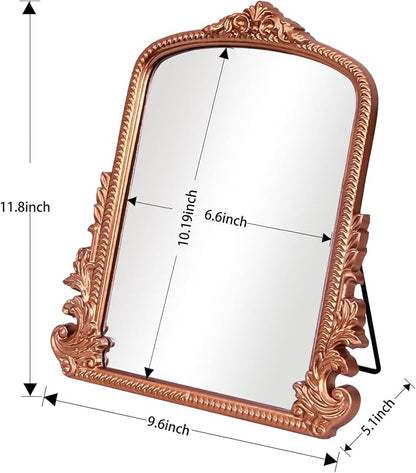 Rose Gold Makeup Mirror, Small Standing Vanity Mirror Decorative Ornate Arched Desk Mirror with Carved Wood Frame, for Bedrooms,Living Rooms Table Top and Salon 11.8" x 9.6"