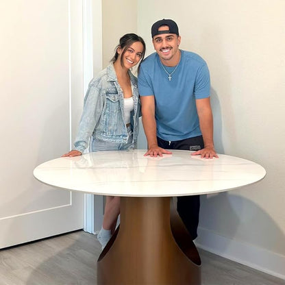 POVISON Round Dining Table, 47" Glossy White Sintered Stone Top Dining Table with Bronze Carbon Steel Pedestal, Modern Dining Room Table for Kitchen, Living Room (Table Only)