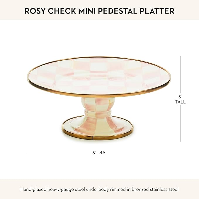 MACKENZIE-CHILDS Enamel Pedestal Platter, Round Cake Stand, Mini, Pink-and-White Rosy Check