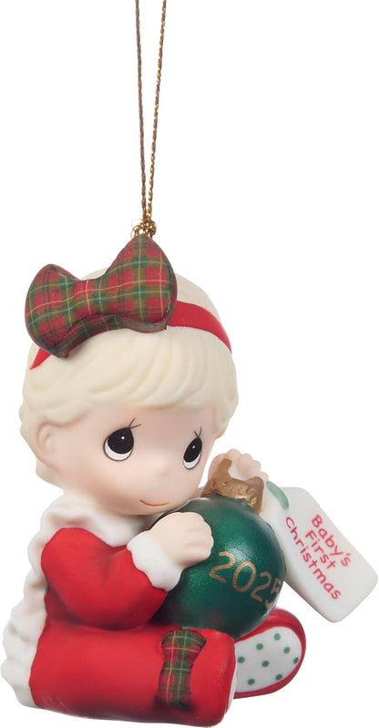 Precious Moments Baby’s First Christmas 2025 Dated Girl Bisque Porcelain Ornament – Green “2025” Ball Keepsake – 251005