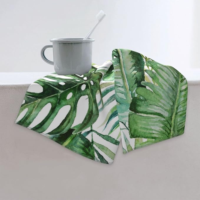 Palm Hand Towels Set of 2 Small Decorative Kitchen Dish Guest Towels Absorbent 15.7x27.5 Green Palm Leaves