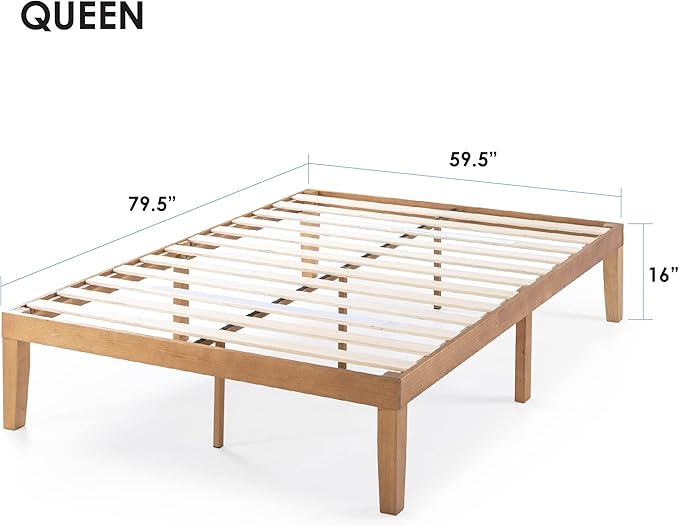 Mellow Naturalista Classic 16 Inch Solid Wood Platform Bed with Wooden Slats, Natural Pine, Queen