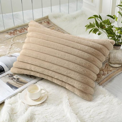 decorUhome Fall Faux Fur Throw Pillow Covers 12x20 Set of 2, Decorative Soft Plush Striped Neutral Euro Pillow Covers with Velvet Back for Bed, Living Room Home Decor, Light Khaki Brown