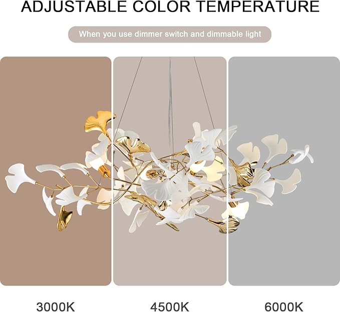 39" Dining Room Modern Leaf Chandelier, Gold Branch Chandeliers with Ceramic Ginkgo Leaves, 5-Light Hanging Brass Pendant Light Fixture for Living Room, Dining Room, Foyer High Ceiling