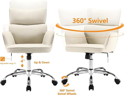 BV Adjustable Desk Chair with Wheels for Make Up, Faux Leather Rolling Armchair, 360° Swivel Comfy Task Chair for Home Office, Beige