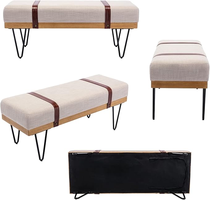 DUOMAY Industrial Modern Linen Rectangle Ottoman Bench with PU Strap and Metal Legs, Mid Century Dining Table Bench Footstool Entryway Shoe Bench for Bedroom Dining Room Living Room, Beige