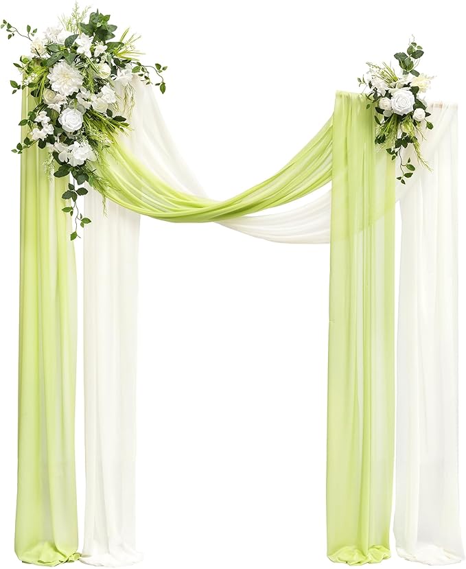 Ling's moment Wedding Arch Flowers Kit Pack of 4, 2pcs Hanging Artificial Flower Arrangements 2pcs Chiffon Drapes, Spring Ceremony Reception Fake Rose Arbor Backdrop Floral Outdoor Decor, White Green