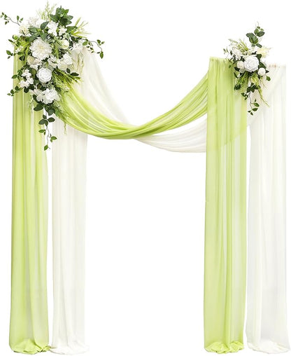 Ling's moment Wedding Arch Flowers Kit Pack of 4, 2pcs Hanging Artificial Flower Arrangements 2pcs Chiffon Drapes, Spring Ceremony Reception Fake Rose Arbor Backdrop Floral Outdoor Decor, White Green
