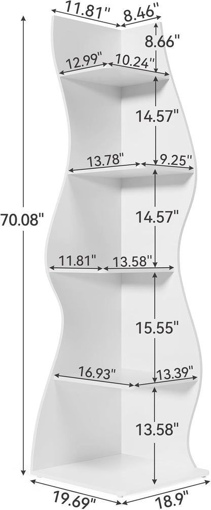 LITTLE TREE 70-Inch Corner Shelf, Seaweed Shaped Etagere Display Bookshelf, Freestanding 5-Tier Wall Shelves for Small Spaces, Living Room, Bedroom, White, 1 Pack