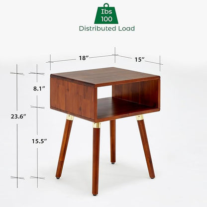Bme Dinkee Solid Wood Bedside Table Without Drawer for Mid Century Bedroom and Living Room, Dark Chocolate
