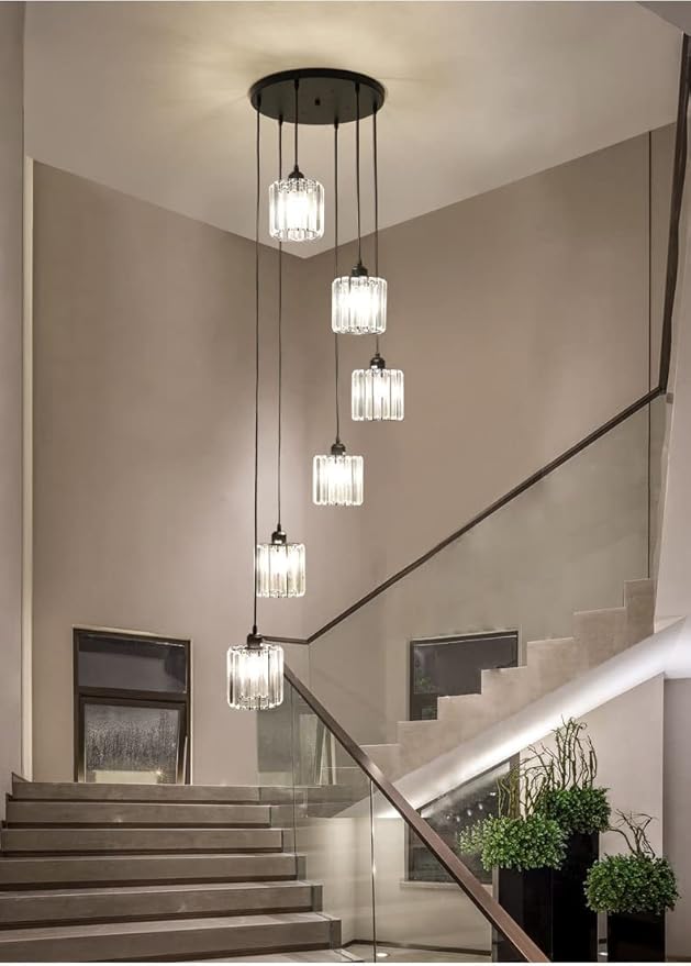 Long Chandeliers for High Ceilings,Modern Crystal Pendant Light,Raindrop Drop Lamp,Hanging Lighting Fixtures for Spiral Staircase,Foyer,Entryway,Living Room,Black (6 Lights)