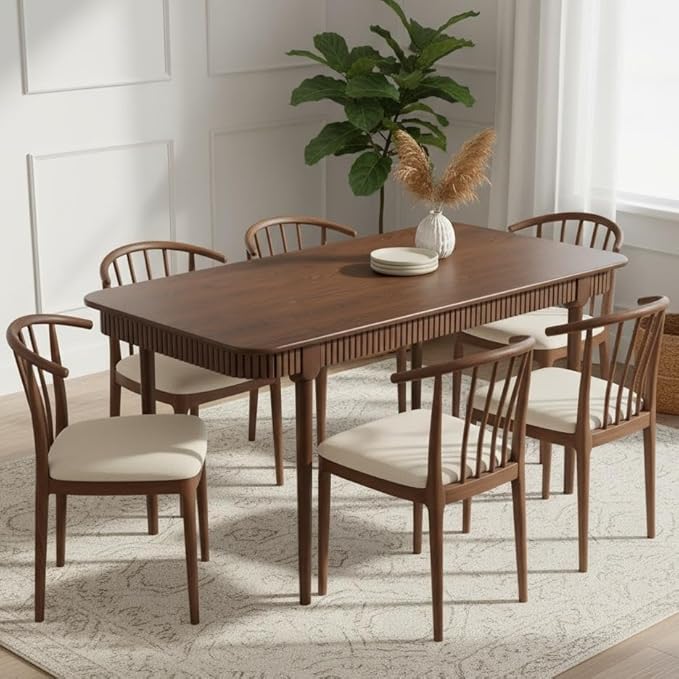 LukeAlon Mid-Century 63 Inch Solid Wood Dining Table for 4-6, Retro Farmhouse Kitchen Table with Large Tabletop, Modern Table for Dining Room, Living Room, Kitchen, Walnut