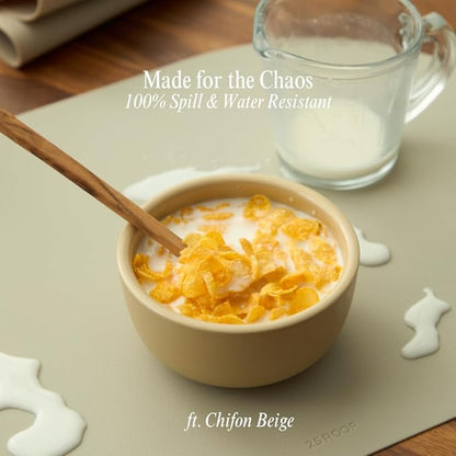 Chifon Beige Oval Silicone Placemats Set of 4 – Heat Resistant, Waterproof, Easy to Clean Non-Slip Modern Dining Table Mats – Premium Leather Textured Japandi Kitchen Decor (Grey Beige)