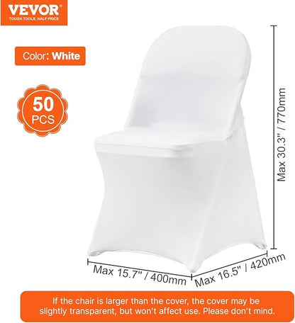 VEVOR Stretch Spandex Folding Chair Covers, Universal Fitted Chair Cover, Removable Washable Protective Slipcovers, for Wedding, Holiday, Banquet, Party, Celebration, Dining (50PCS White)