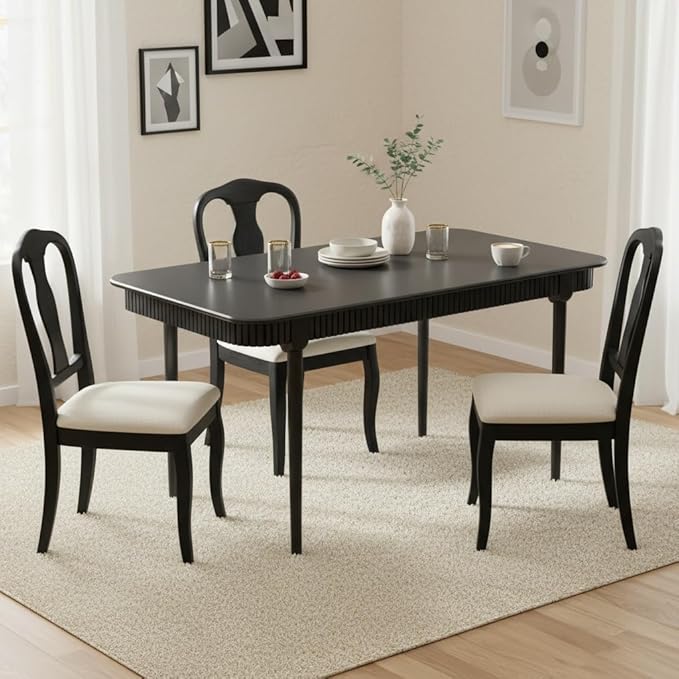 LukeAlon Mid-Century 63 Inch Solid Wood Dining Table for 4-6, Retro Farmhouse Kitchen Table with Large Tabletop, Modern Table for Dining Room, Living Room, Kitchen, Black