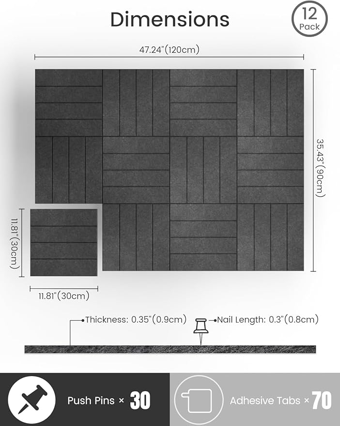Bumusty Large Cork Board Alternative-47 x35 Felt Bulletin Board Tiles, with 30 Pushpins, 70 Adhesive Tabs, 12-Pack Slat Wall Paneling, Cork Boards for Office Push Pin Board Felt Board-Charcoal Gray