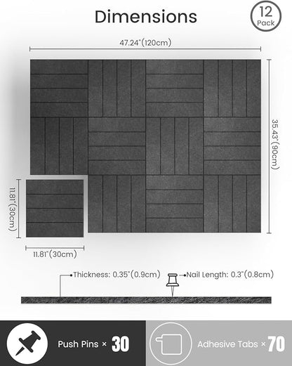 Bumusty Large Cork Board Alternative-47 x35 Felt Bulletin Board Tiles, with 30 Pushpins, 70 Adhesive Tabs, 12-Pack Slat Wall Paneling, Cork Boards for Office Push Pin Board Felt Board-Charcoal Gray