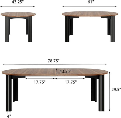 43-78 Inch Extendable Round Dining Table for 4-8 People, Modern Farmhouse Wood Kitchen Dinner Table with Oval Expandable Wooden Top and 2 Removable Leaves for Dining Room, Living Room(Walnut, Brown)