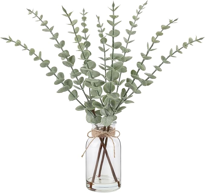 Artificial Eucalyptus Stems in Glass Vase with Faux Water，15.75" Fake Plants for Home Decor Office Bathroom & Farmhouse Weddings - Faux Greenery Plants Decorations