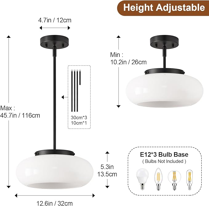 Mid-Century Modern Black Semi Flush Mount Ceiling Light, 3-Light Kitchen Light Fixtures with Glass Shade for Entryway Hallway Bathroom Bedroom (12.6 Inch)